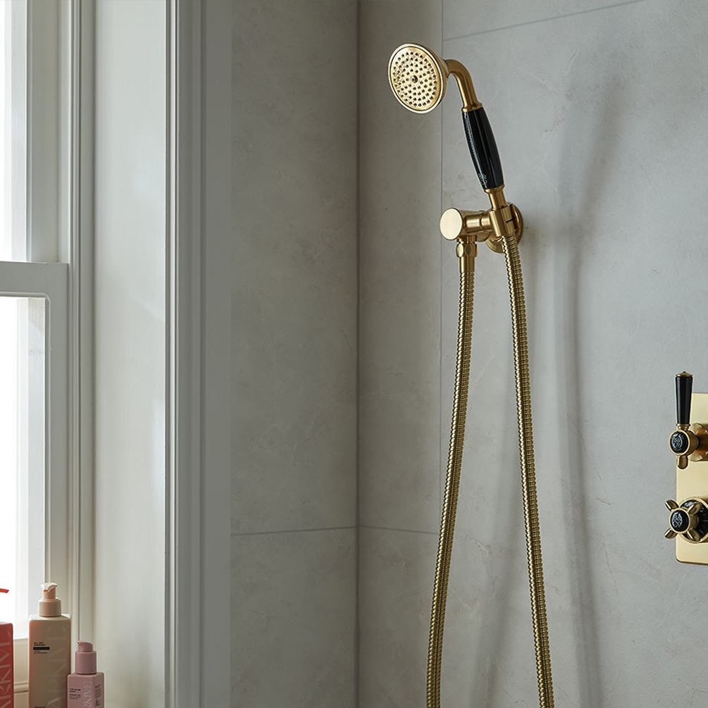 Booth & Co. Axbridge Brushed Brass/Black Shower Handset, Hose & Wall Bracket - Lifestyle Image 1