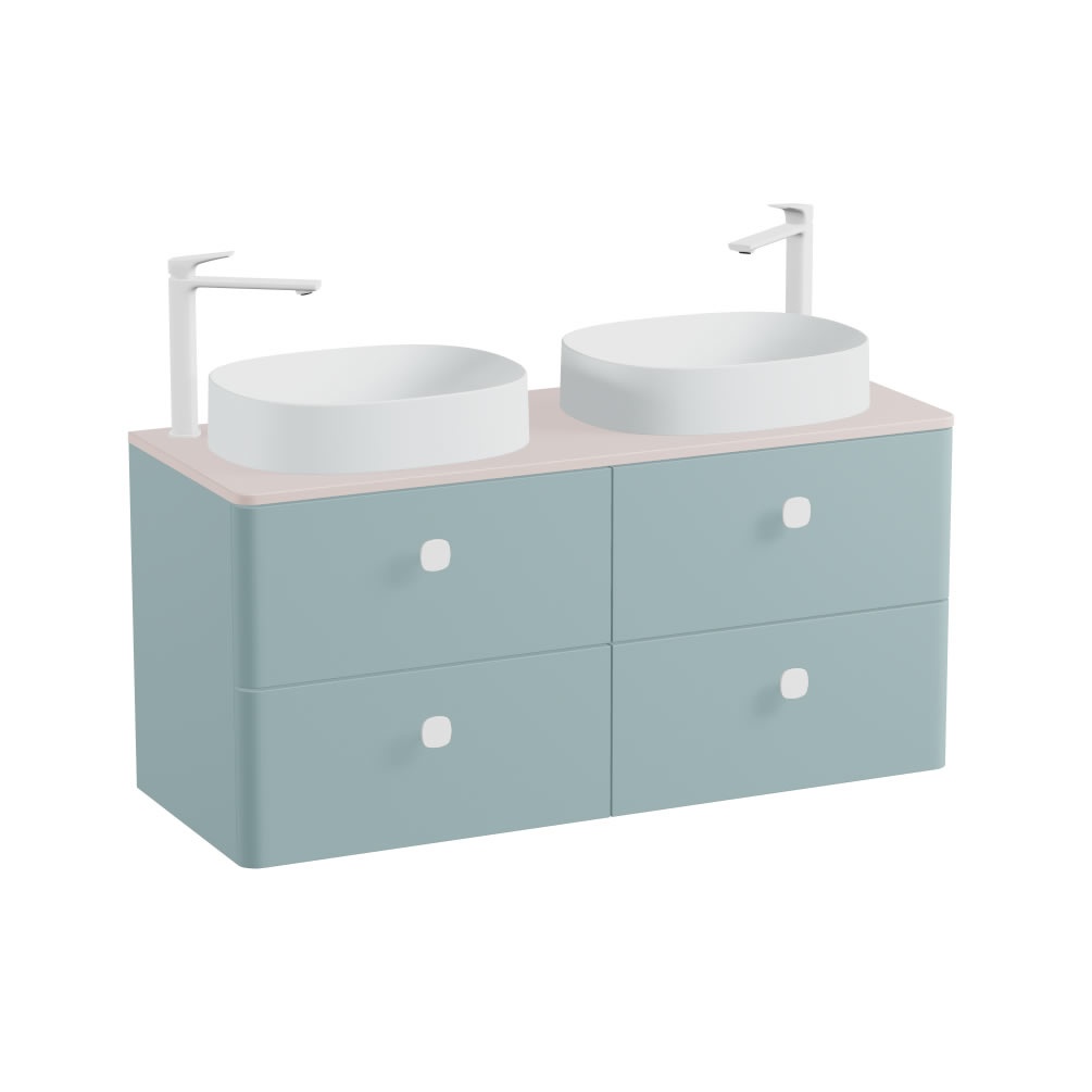 Vado Cameo 1200mm Cove Blue Wall Hung 4 Drawer Vanity Unit, Pink Worktop & Arctic Oval Basin