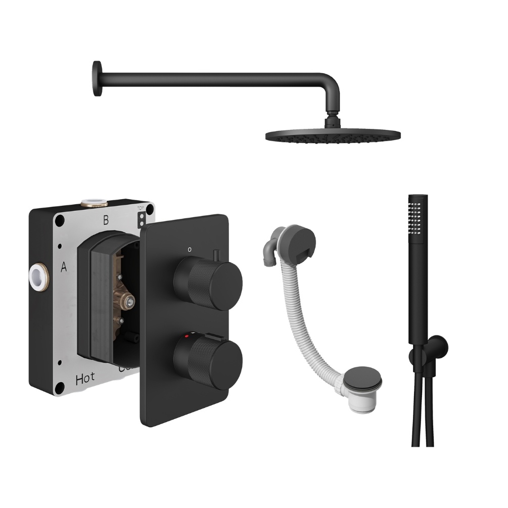 Product Cut out image of the Abacus Iso Pro Matt Black 3 Outlet Shower Pack with Bath Filler & Handset