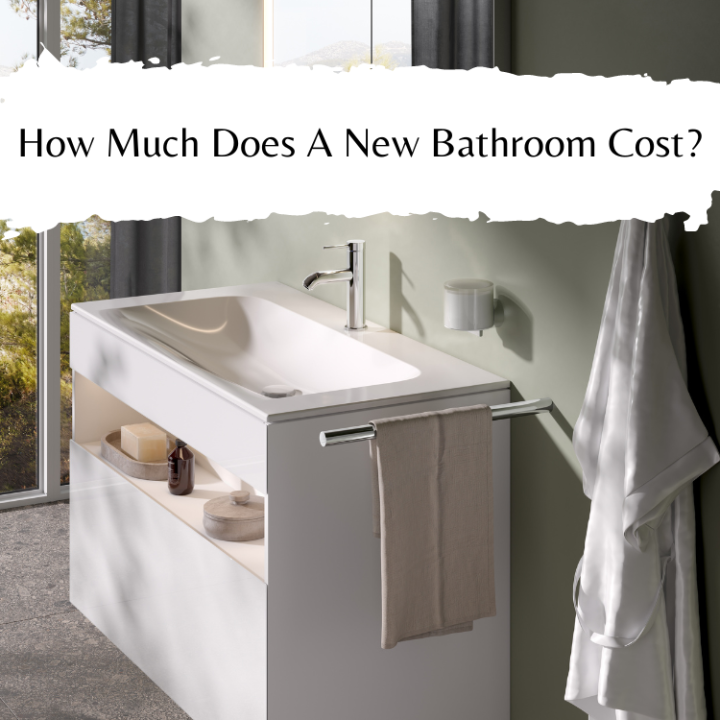 Lifestyle image of a white washbasin unit, with a chrome basin tap, wall mounted towel rail and soap dispenser, featuring the heading "How Much Does A New Bathroom Cost?" in black font against a white strip