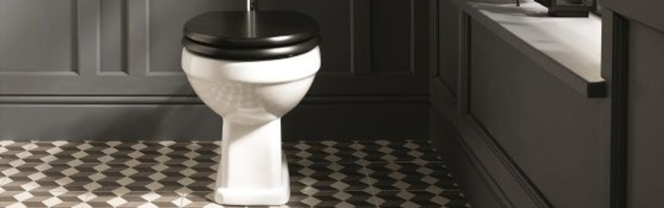 Close up lifestyle image of a comfort height toilet with a black toilet seat in a panelled bathroom