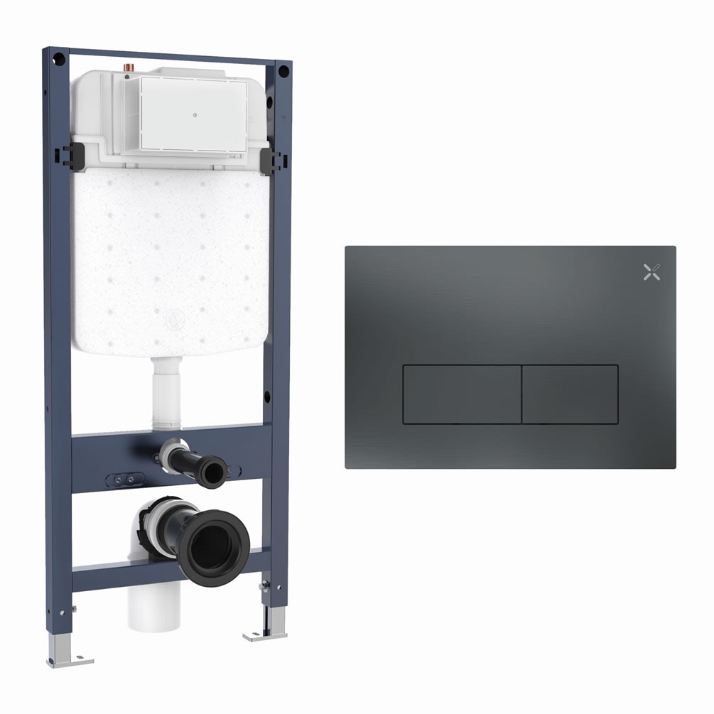 Cutout image of Crosswater 1120mm Slim Wall-Hung Cistern Frame & MPRO Slate Stainless Steel Dual Flush Plate