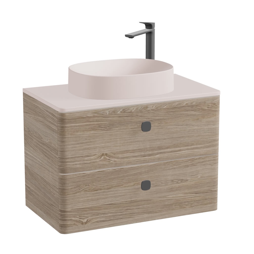 Vado Cameo 800mm Natural Oak Wall Hung 2 Drawer Vanity Unit, Pink Clay Worktop & Oval Basin