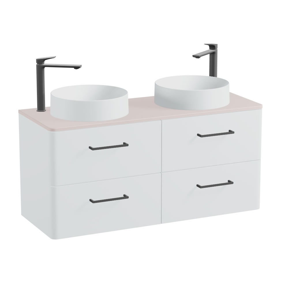 Vado Cameo 1200mm Arctic White Wall Hung 4 Drawer Vanity Unit, Pink Worktop & Arctic Basin