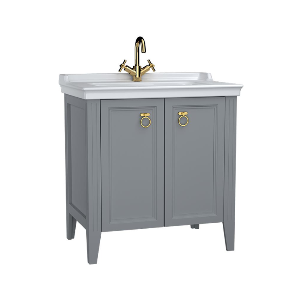 Photo of VitrA Valarte 650mm Matt Grey Double Door Unit & Basin - 1TH Cutout with Gold Handles