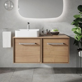 image of a crosswater vanity unit in wooden finish with chrome handles and countertop rectangular basin