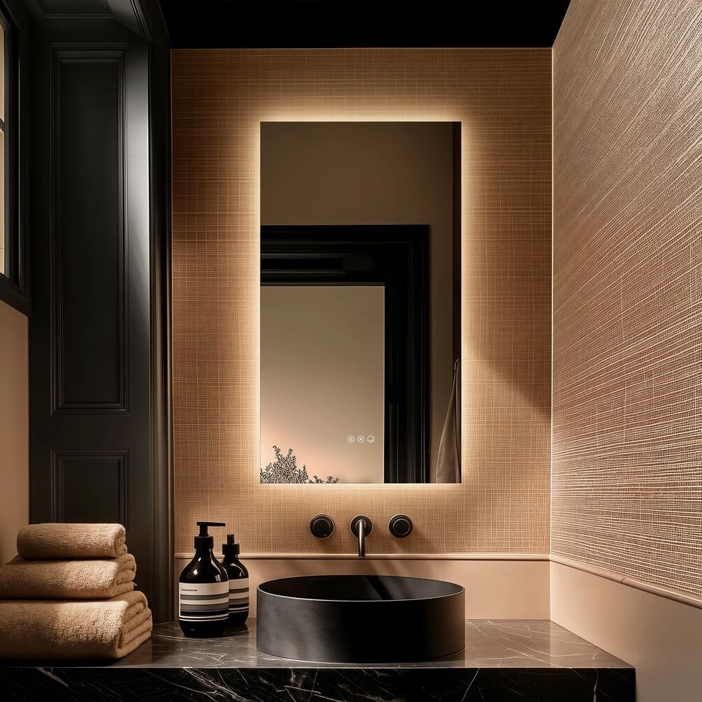 Lifestyle image of Origins Living Claris 500 x 900mm Rectangular LED Mirror