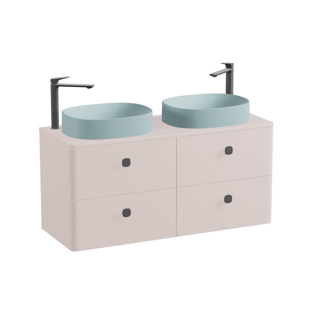Vado Cameo 1200mm Pink Clay Wall Hung 4 Drawer Vanity Unit, Worktop & Cove Blue Oval Basins
