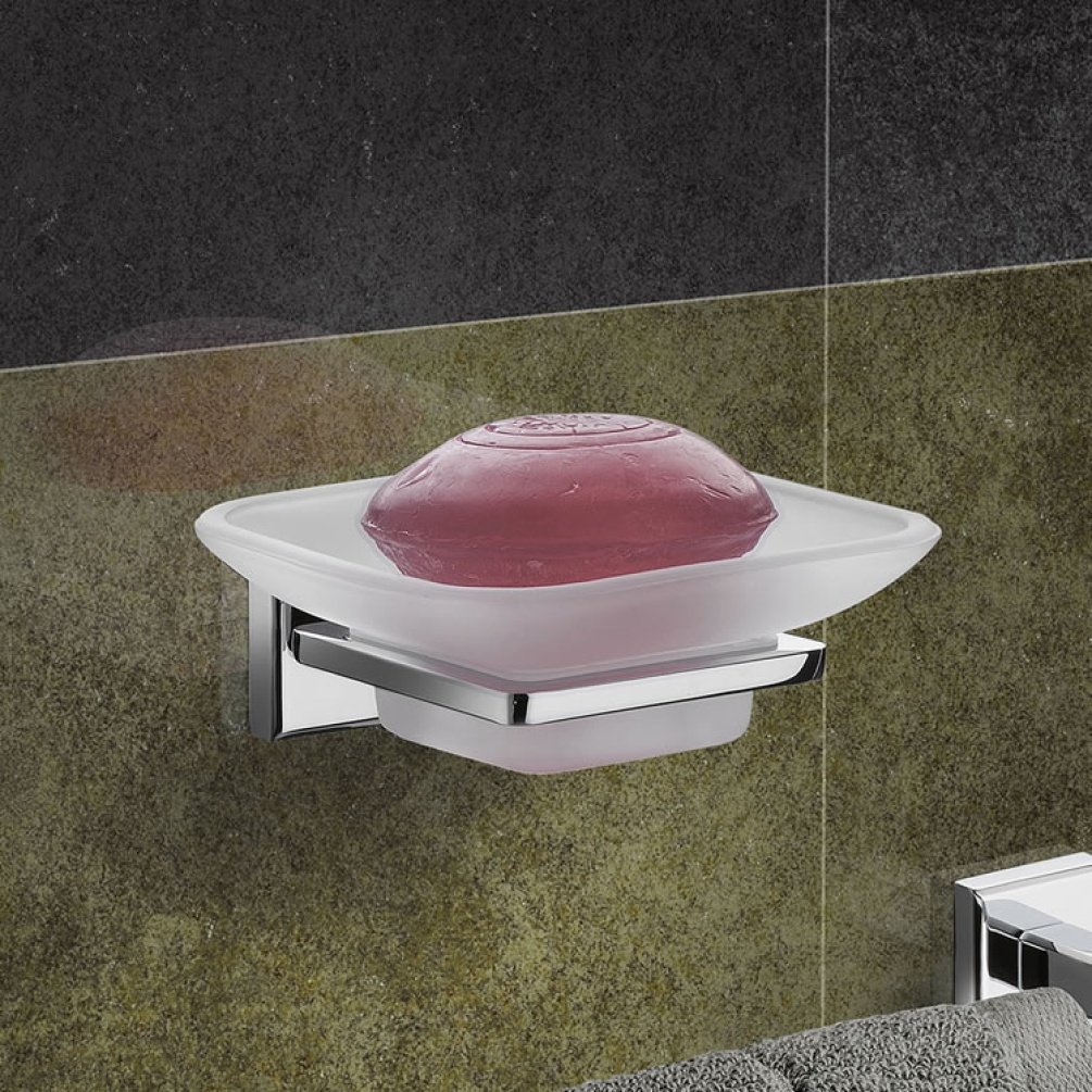 Lifestyle image of Origins Living Gedy Colorado Glass Soap Dish mounted on black and gold tiles.