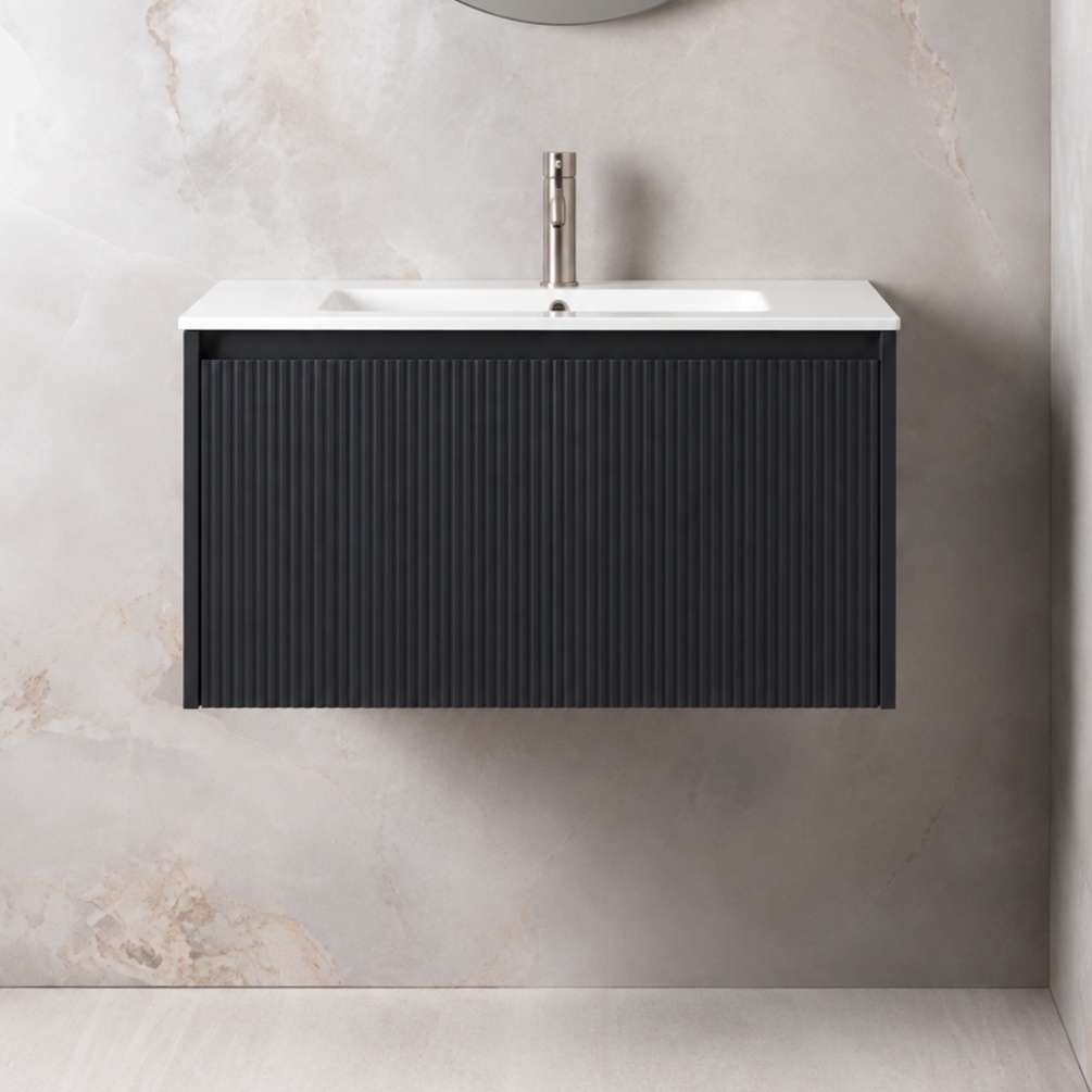 Montara 810mm x 465mm Matt Navy Wall Hung Fluted Vanity Unit & Basin Lifestyle Image