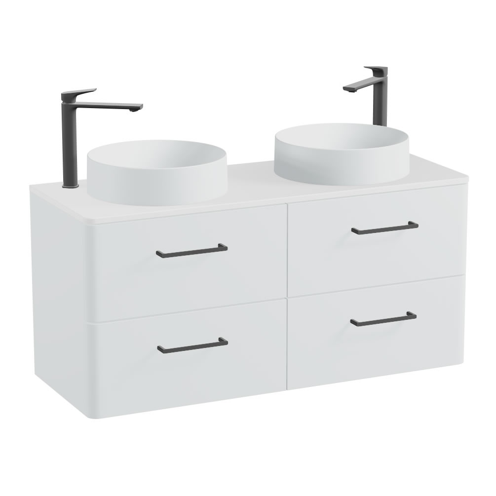 Vado Cameo 1200mm Arctic White Wall Hung 4 Drawer Vanity Unit, Gloss Worktop & Arctic Basins