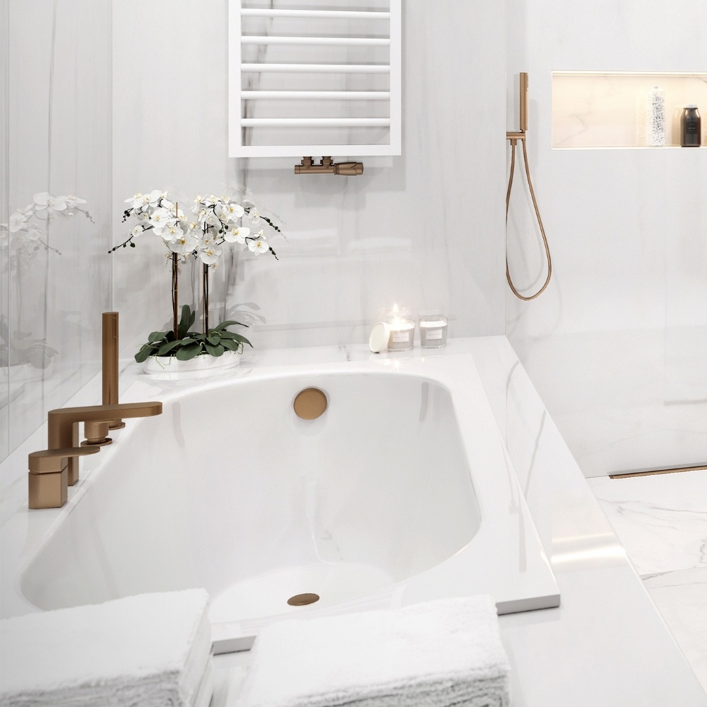 Product Lifestyle image of the Abacus Series 1 1700mm x 750mm Single Ended Bath paired with brushed bronze brassware