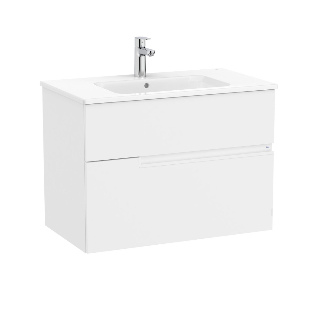 Product cut out image of the Roca Victoria-N Unik Matt White 800mm Wall Hung 2 Drawer Vanity Unit & Basin