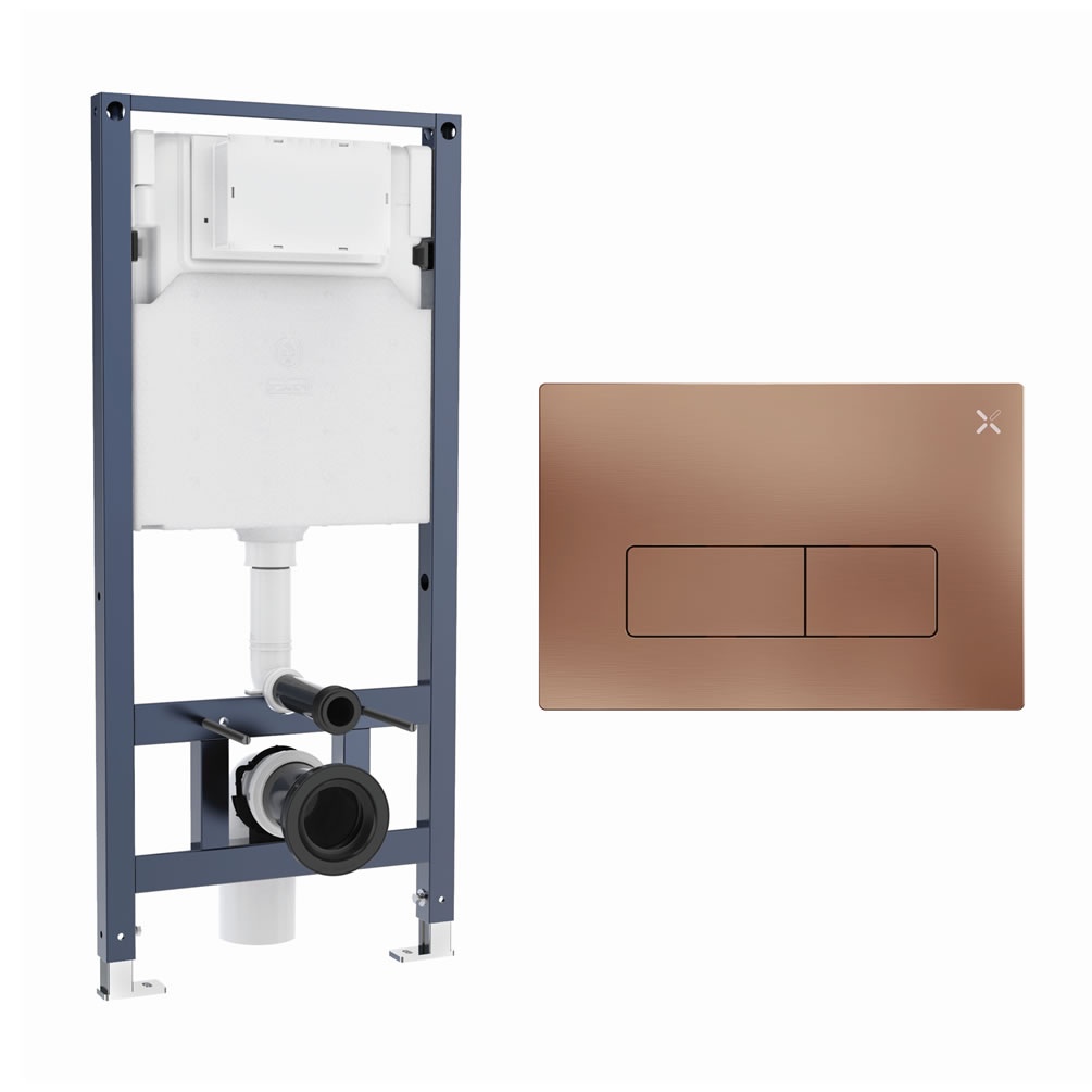 Cutout image of Crosswater 1120mm Wall-Hung Cistern Frame & MPRO Brushed Bronze Dual Flush Plate