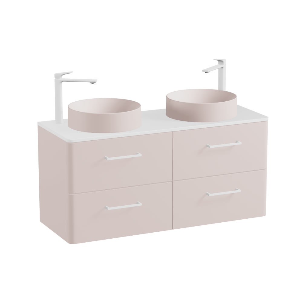 Vado Cameo 1200mm Pink Clay Wall Hung 4 Drawer Vanity Unit, Gloss Worktop & Pink Basins