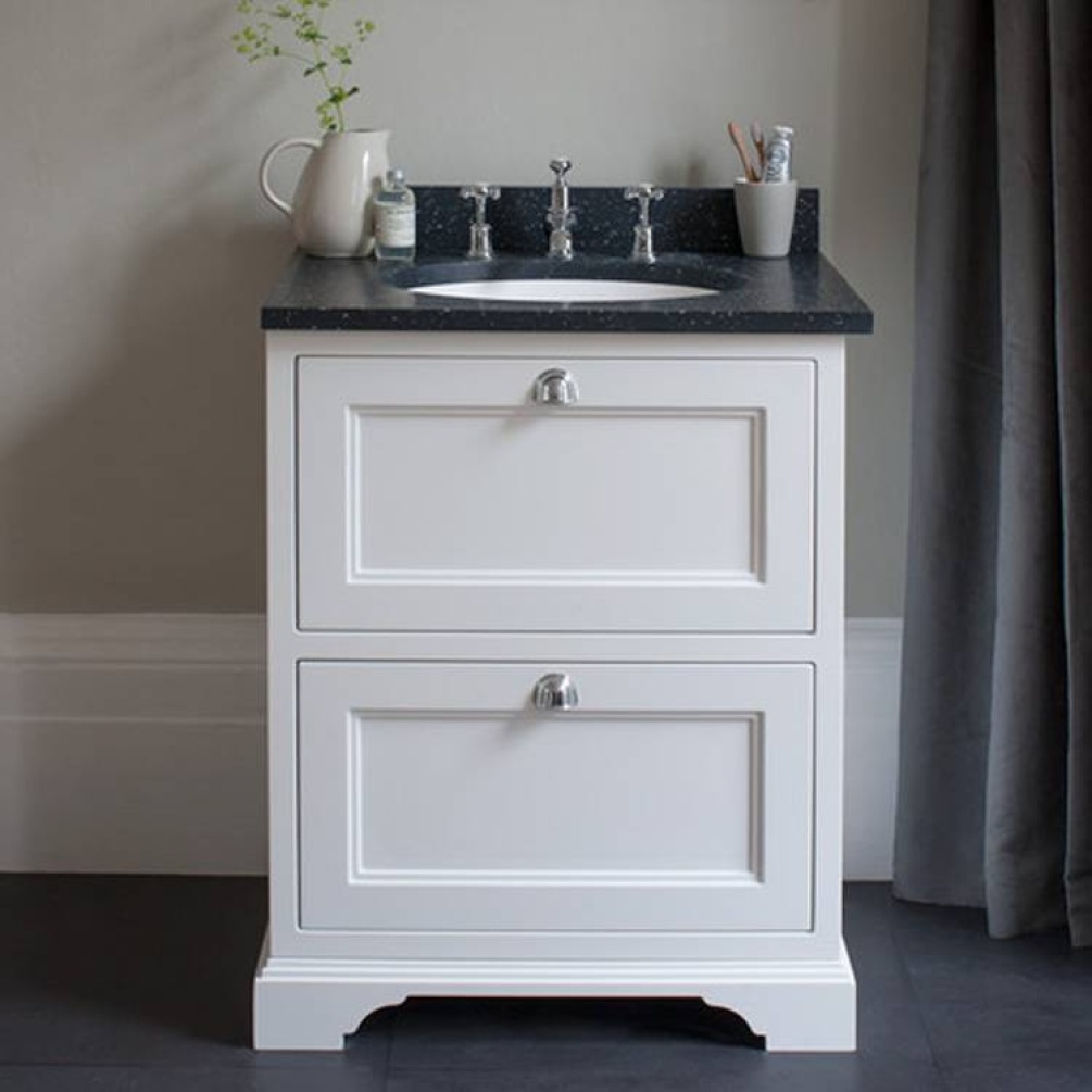 Product Lifestyle image of the Burlington Minerva 650mm Worktop & Matt White Freestanding Vanity Unit with Drawers with black granite worktop