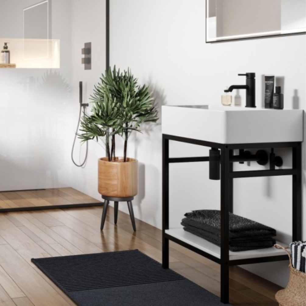 Product Lifestyle image of the Abacus Concept Noir 500mm Washstand & 1 Tap Hole Basin with a Matt White Optional Base Shelf