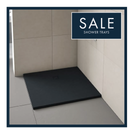 image of shower tray with blue box saying sale shower trays for cheap shower trays category