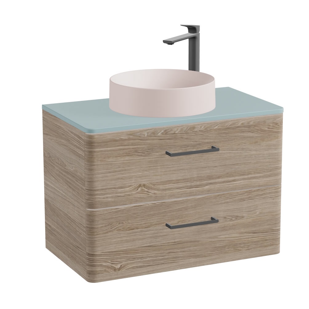 Vado Cameo 800mm Natural Oak Wall Hung 2 Drawer Vanity Unit, Cove Blue Worktop & Pink Basin