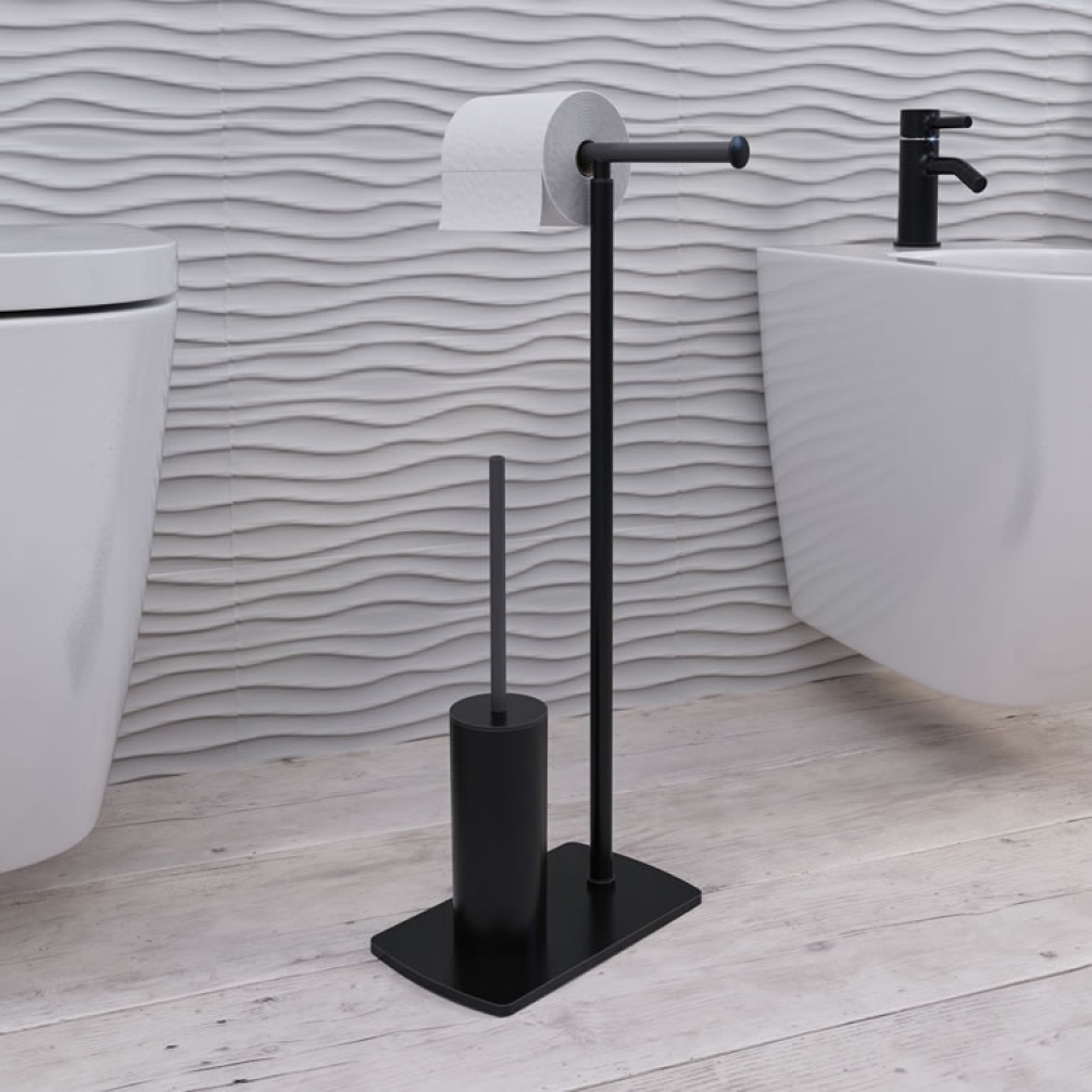 Lifestyle image of Origins Living Gedy Florida Bathroom Butler black in modern bathroom.
