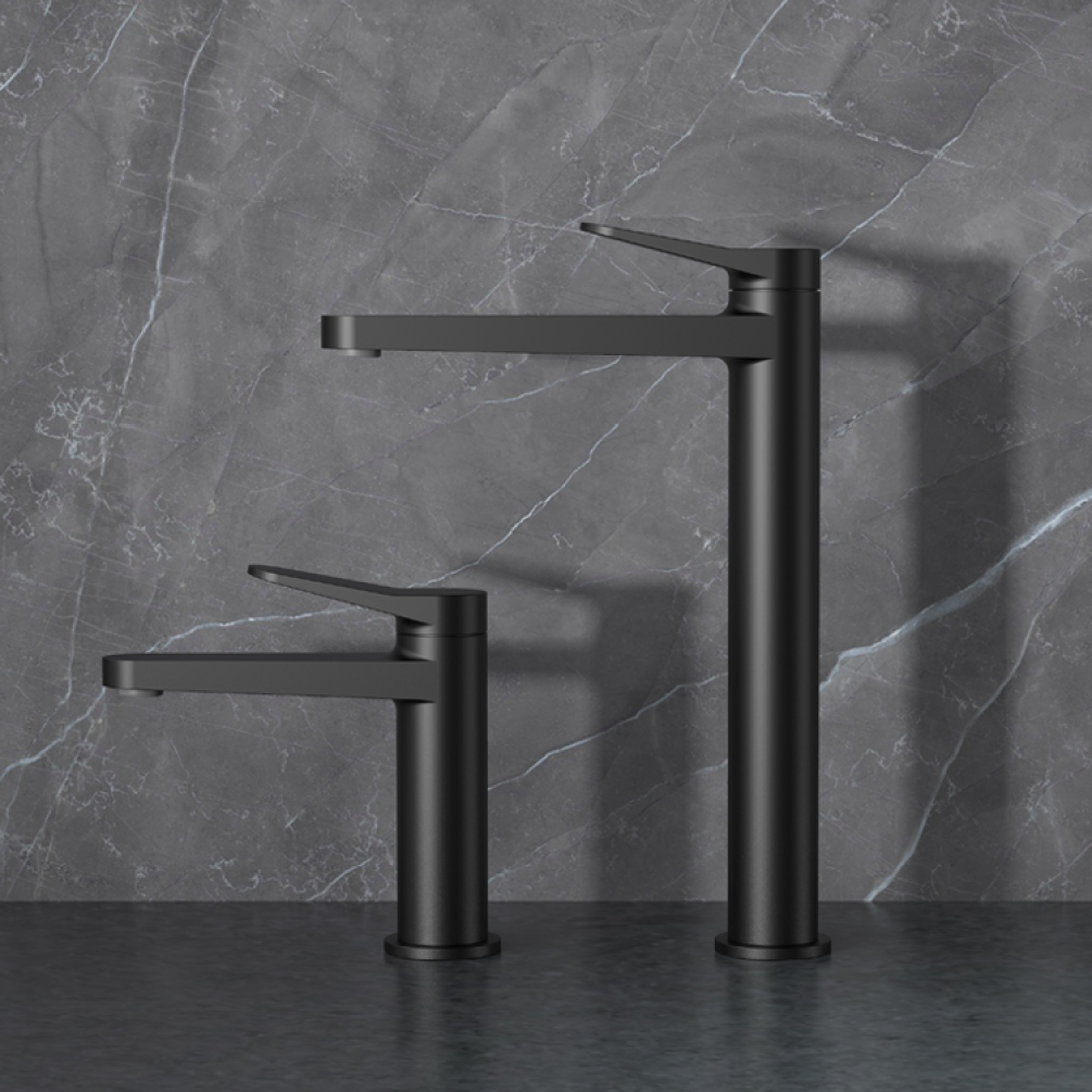 Lifestyle Photo of RAK Petit Round Standard and Tall Basin Mixers in Black