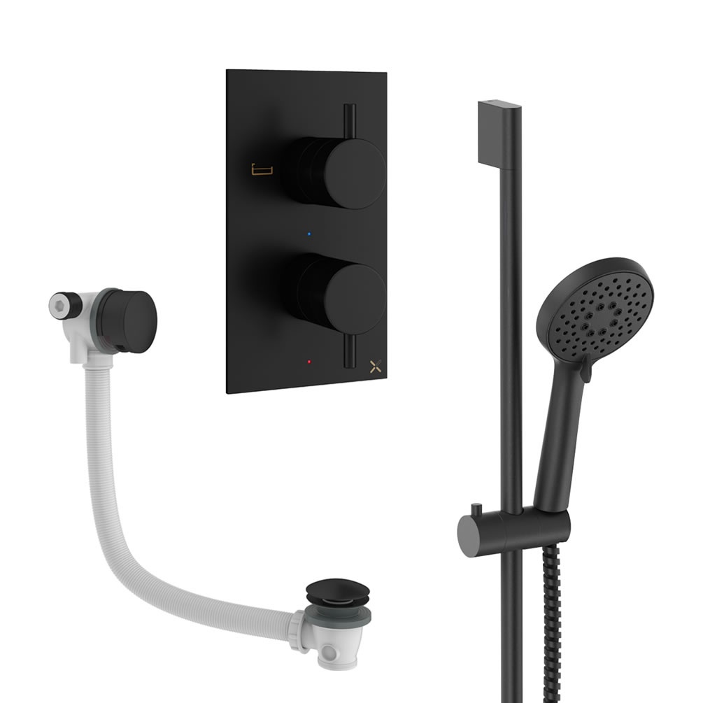 Cutout image of Crosswater Design Matt Black Dual Outlet Slide Rail Shower Bath Set