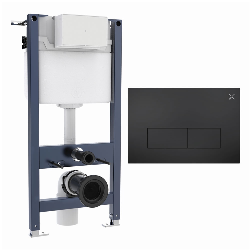 Cutout image of Crosswater 980mm Wall-Hung Cistern Frame & MPRO Matt Black Chrome Dual Flush Plate