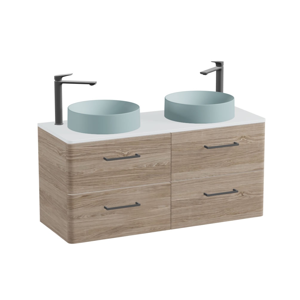 Vado Cameo 1200mm Natural Oak Wall Hung 4 Drawer Vanity Unit, Arctic Worktop & Cove Round Basins