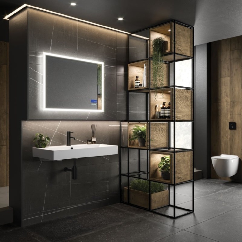 Product Lifestyle image of the HiB Globe Plus 800mm Bluetooth LED Bathroom Mirror
