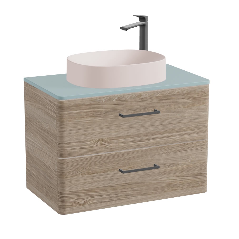 Vado Cameo 800mm Natural Oak Wall Hung 2 Drawer Vanity Unit, Cove Blue Worktop & Pink Clay Oval Basin