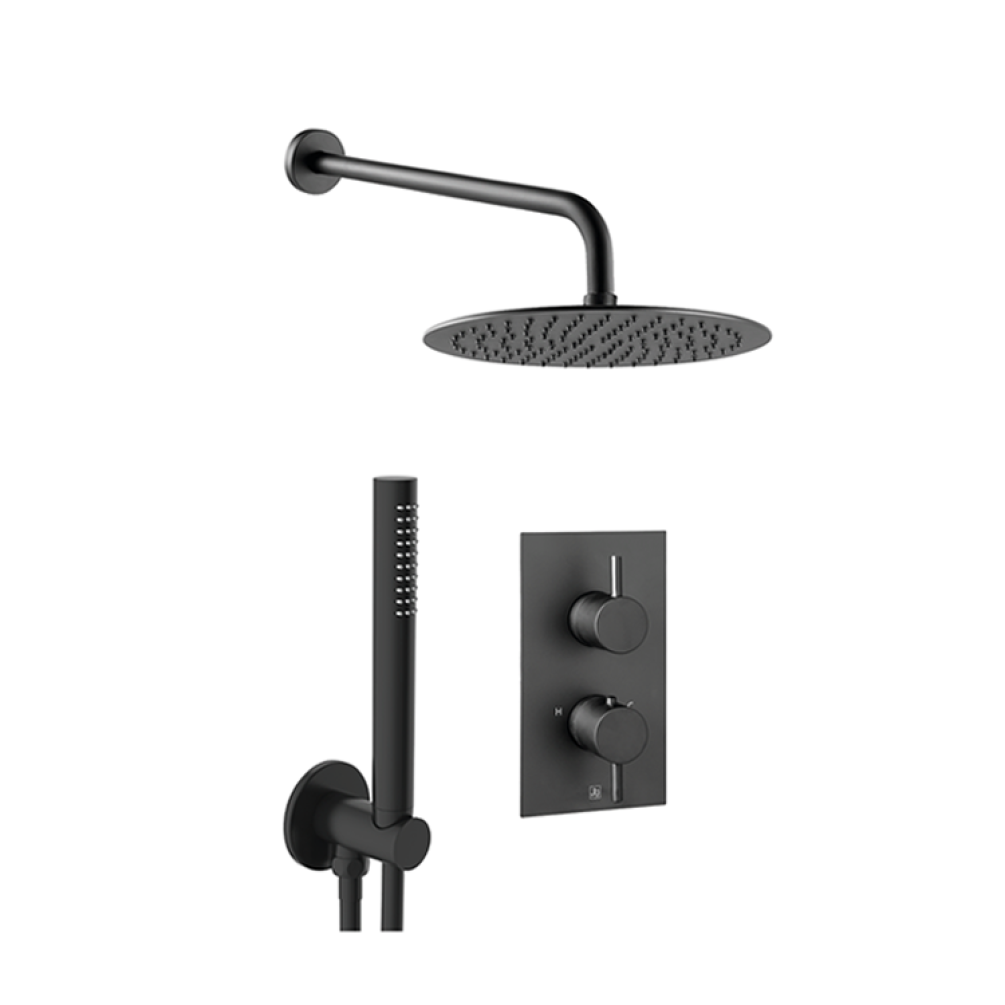 Product Cut out image of the JTP Vos Matt Black 2 Outlet 2 Handle Shower Pack with Fixed Head & Handset