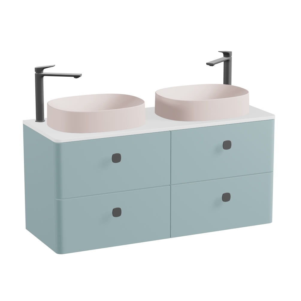 Vado Cameo 1200mm Cove Blue Wall Hung 4 Drawer Vanity Unit, Gloss Worktop & Pink Oval Basin