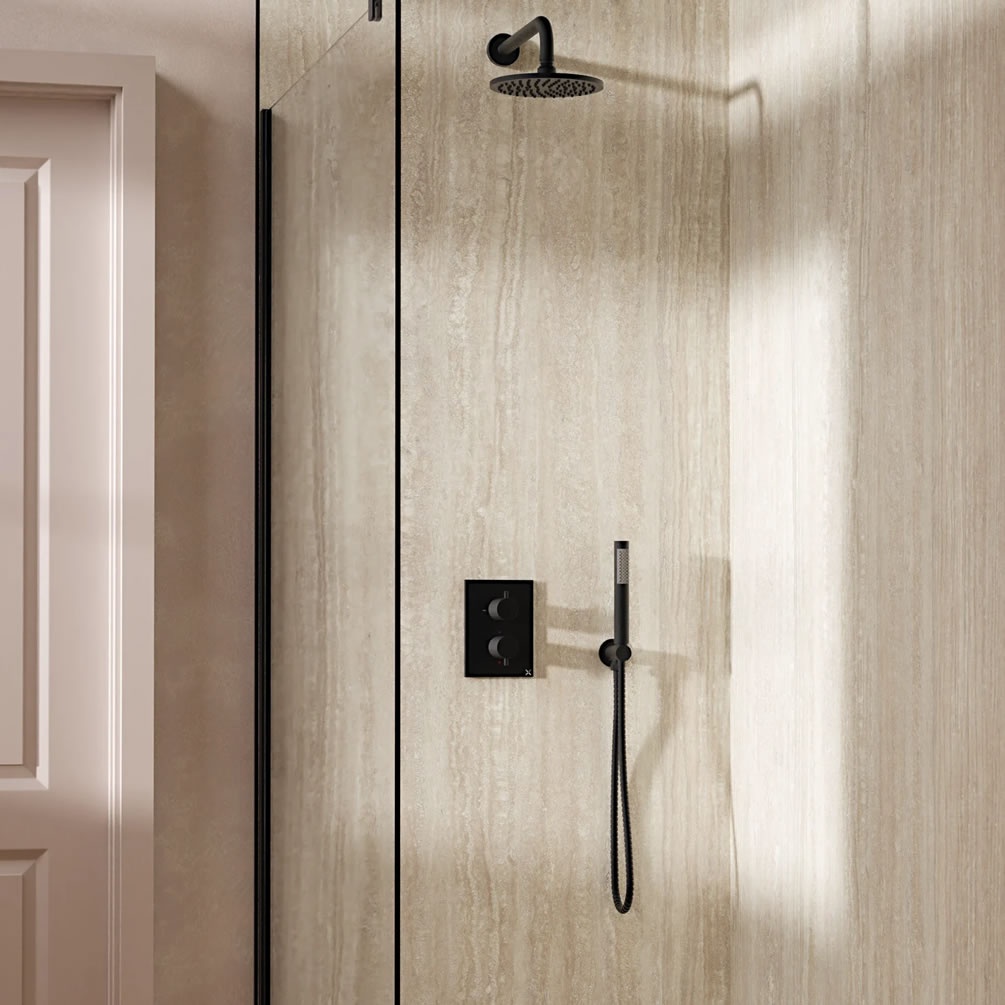 Lifestyle image of Crosswater Crossbox Matt Black Dual Outlet Rainfall Shower Set