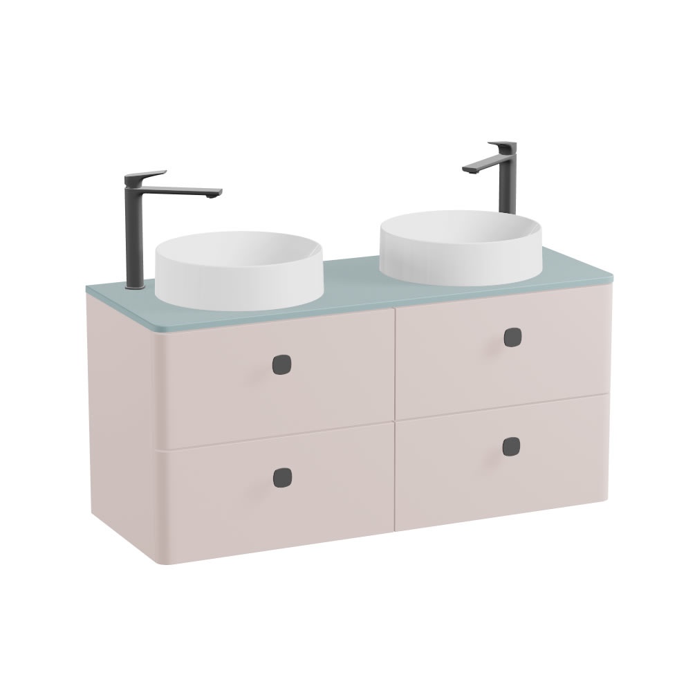 Vado Cameo 1200mm Pink Clay Wall Hung 4 Drawer Vanity Unit, Cove Blue Worktop & Gloss Basins
