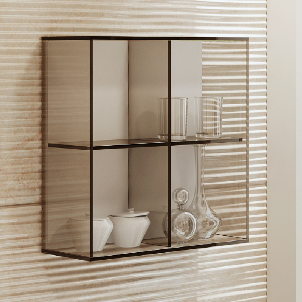 Close up product lifestyle image of the Origins Living Square Pier Bonze Glass Box Shelf