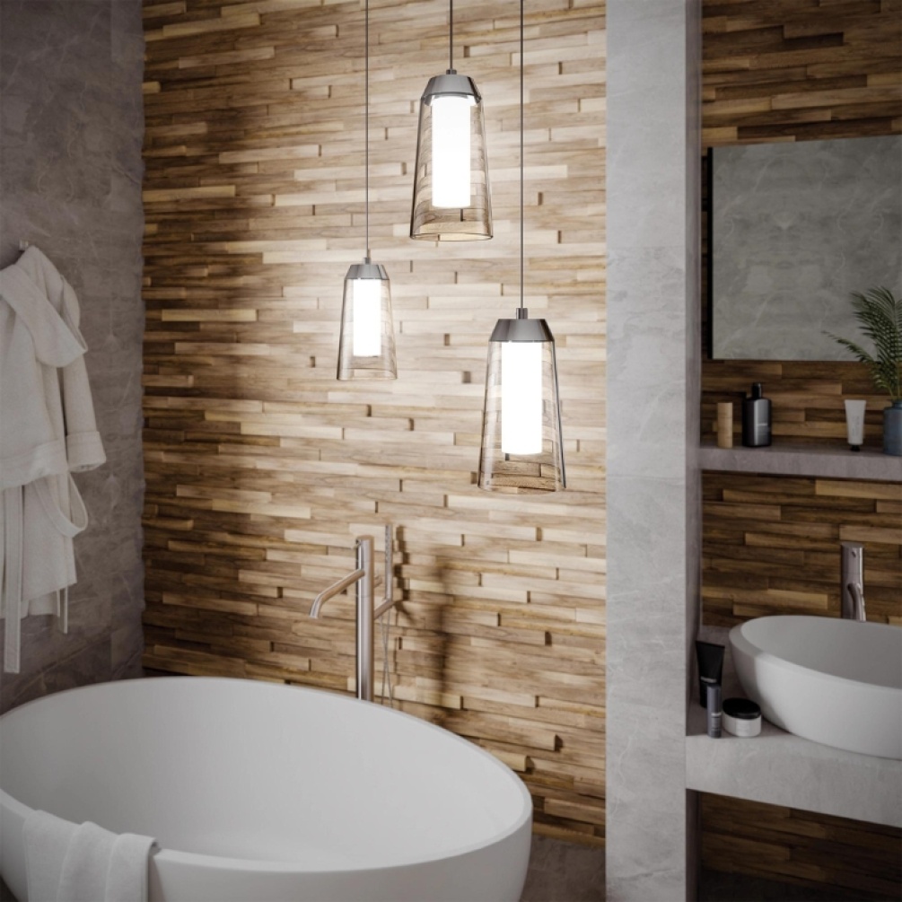 Close up product lifestyle image of three HIB Rise LED Pendant Lights hung at various heights