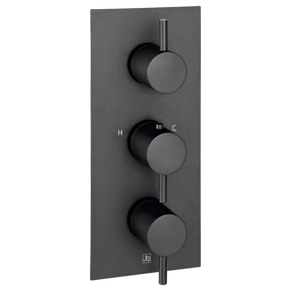 Product Cut out image of the JTP Vos Matt Black Triple Outlet Portrait Concealed Shower Valve