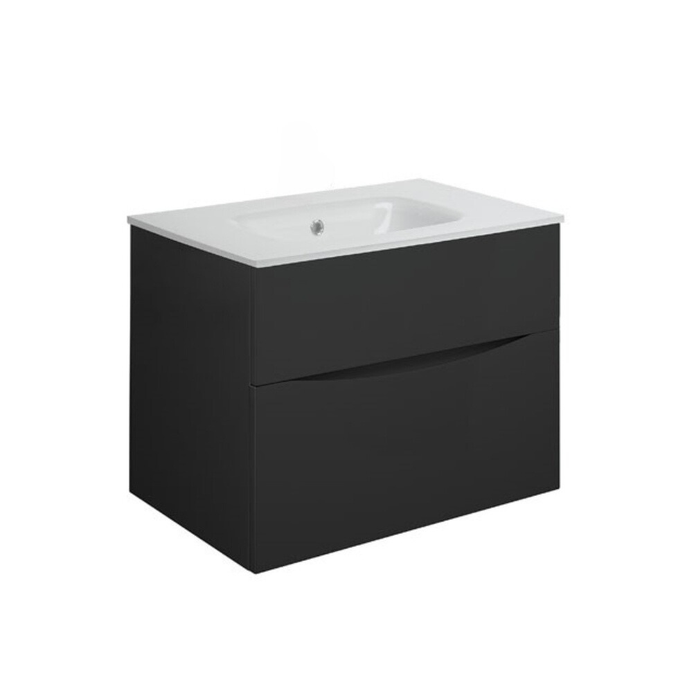 Product Cut out image of the Crosswater Glide II Matt Black 700mm Double Drawer Unit with Ice White Glass 0 Tap Hole Basin