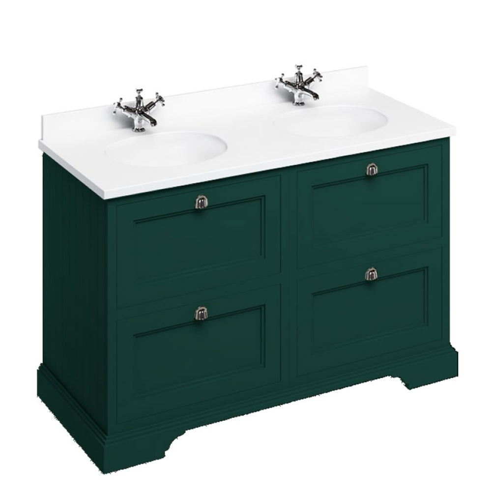 Burlington Minerva 1300mm Double Worktop & Matt Green Freestanding Vanity Unit with Drawers