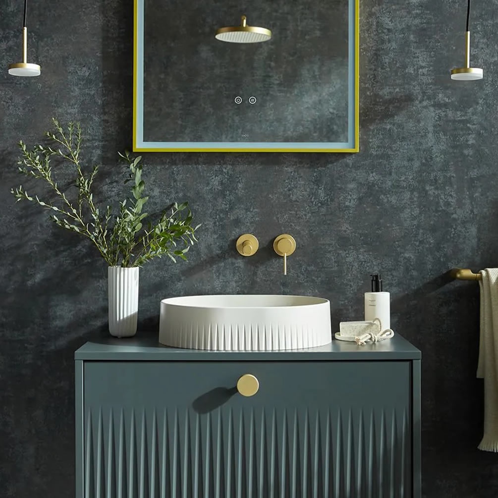 Vado Safari Satin Brass 600mm Illuminated Mirror With 2 Pendant Disc Lights - Lifestyle