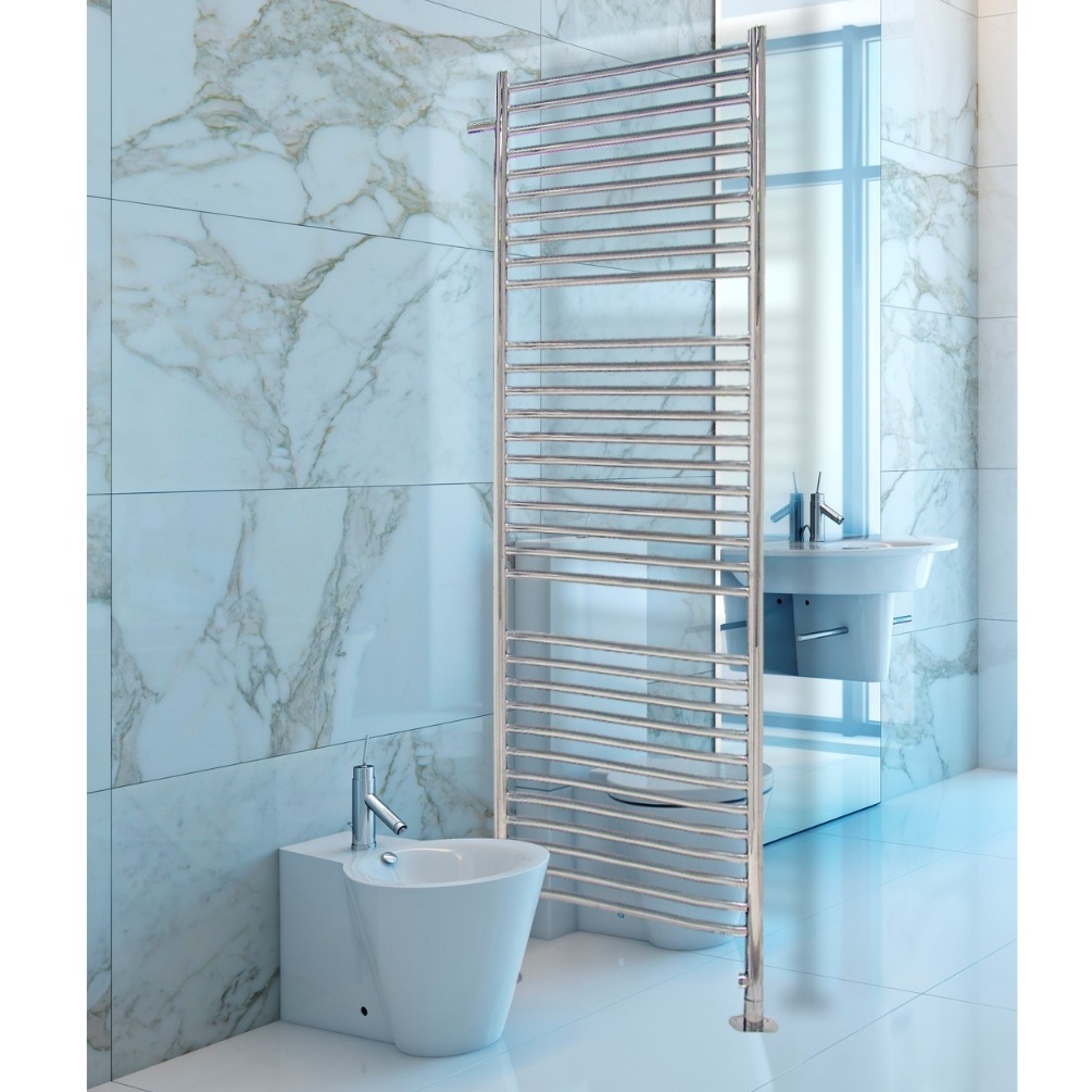 Lifestyle image of the The Sussex Range by JIS Midhurst 1765mm x 500mm Polished Stainless Steel Electric Side Mounted Towel Rail installed beside a bidet toilet and large mirror