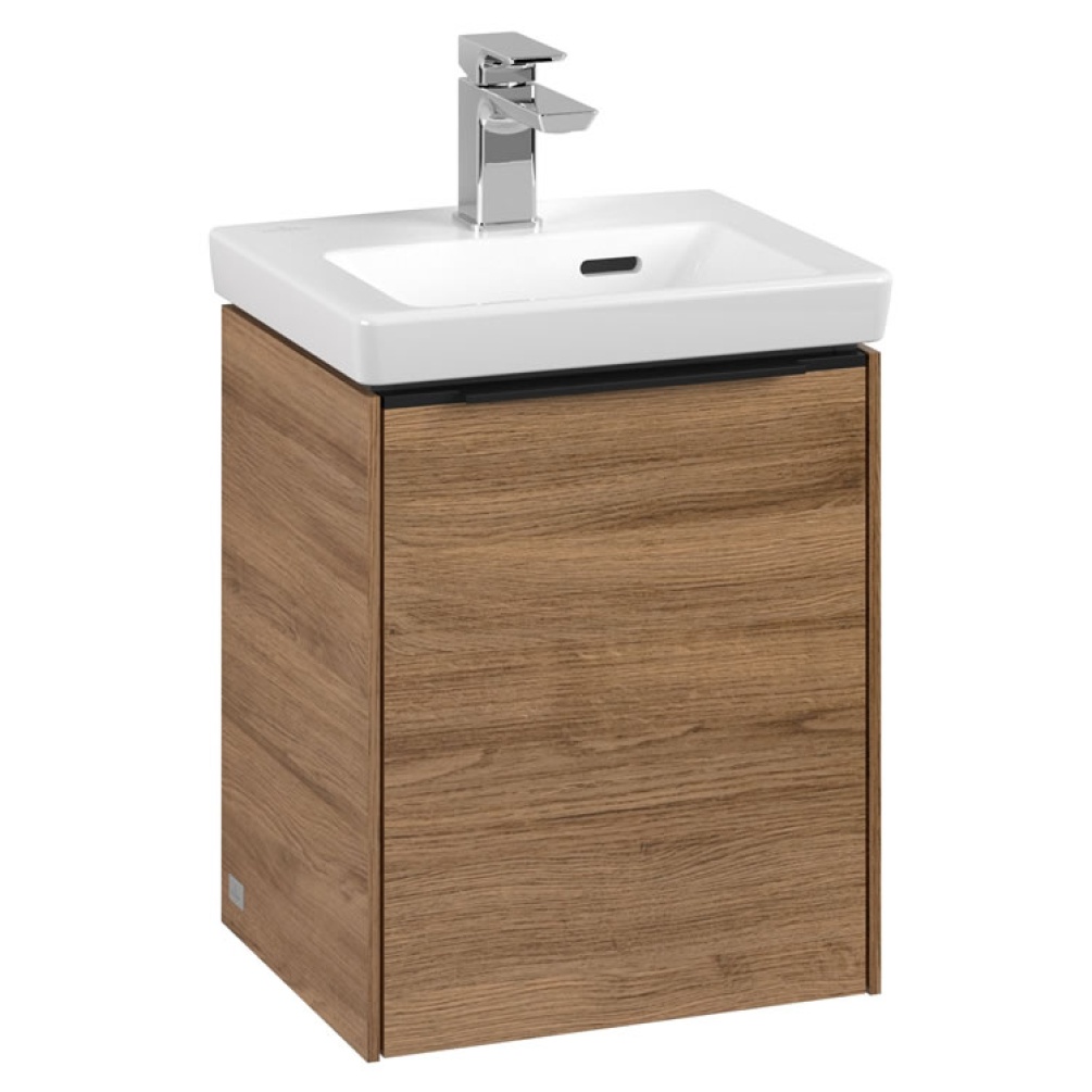 Cutout image of Villeroy & Boch Subway 351 3.0 Oak Kansas Wall-Hung Vanity Unit & Basin Volcano Black Handle