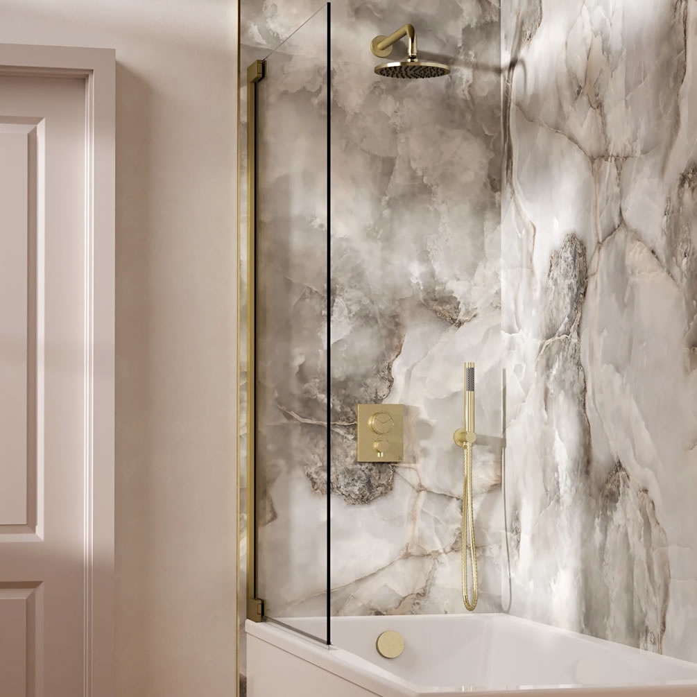 Lifestyle image of Crosswater Crossbox Push Brushed Brass Triple Outlet Shower Bath Set