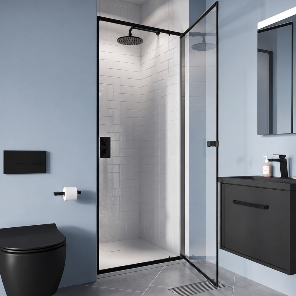 Lifestyle image of Dune 800mm Matt Black Pivot Shower Door