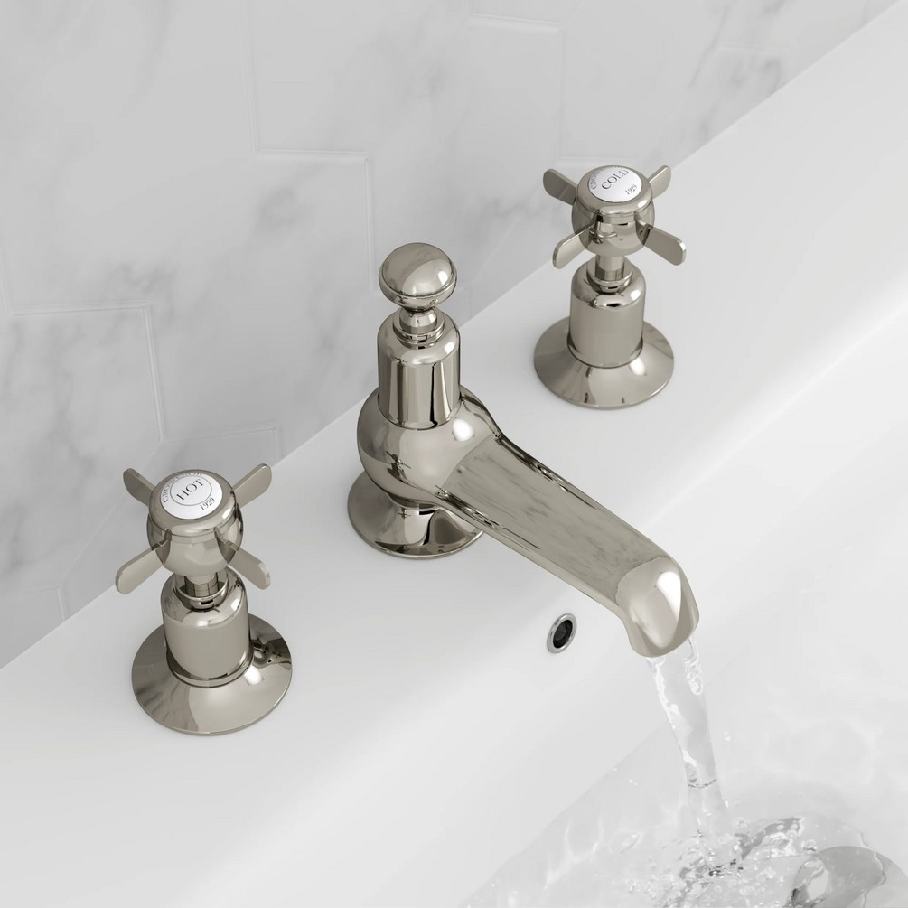 JTP Grosvenor Pinch Nickel 3 Tap Hole Deck Mounted Basin Mixer Lifestyle