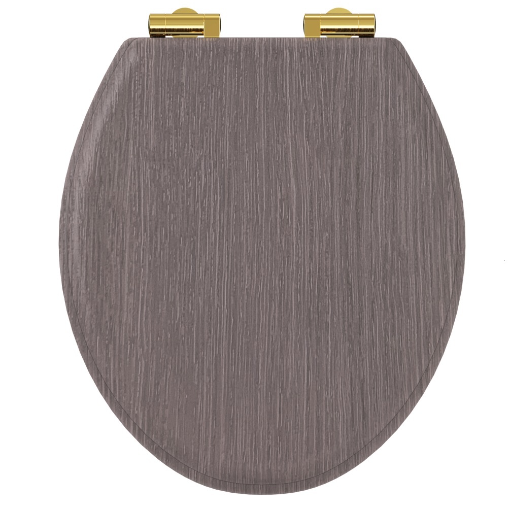 Product cut out image of burlington guild dark oak soft close toilet seat with gold hinges GU6105DOK GUHGG