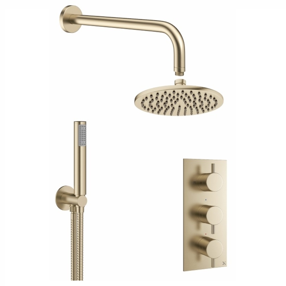 Product cutout image of Crosswater MPRO 2 Outlet 3 Control Shower Bundle in Brushed Brass