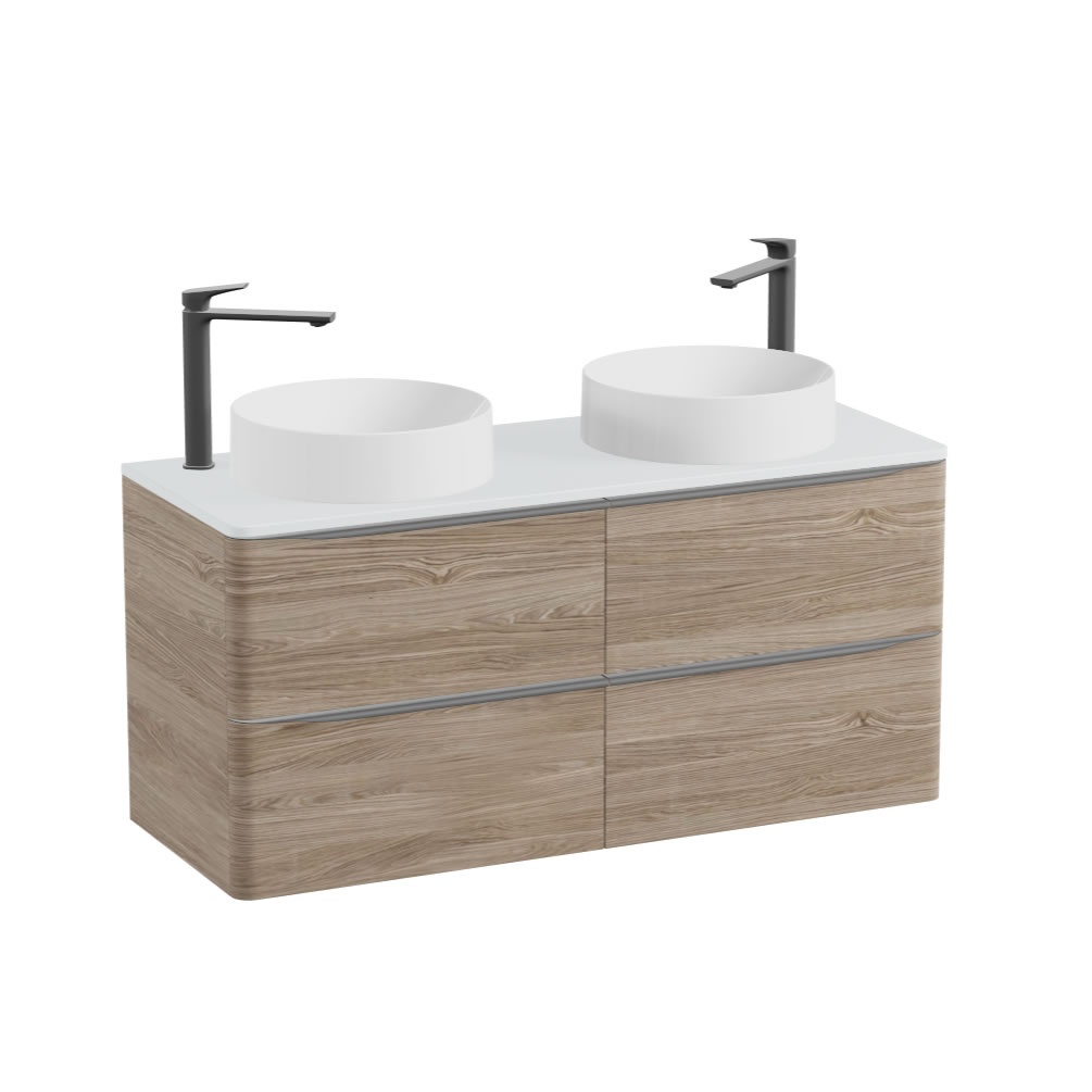 Vado Cameo 1200mm Oak Wall Hung 4 Drawer Vanity Unit, Arctic Worktop & Gloss Round Basins