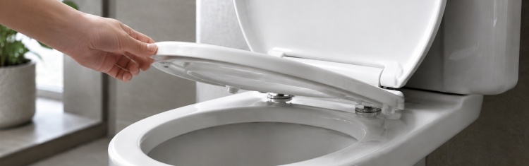 A toilet seat lid being closed