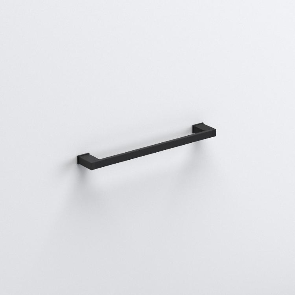 Close up product image of the Origins Living S Cube Matt Black 420mm Towel Rail